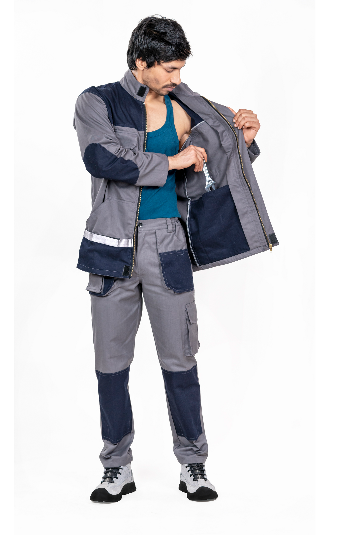 Industrial 2 Piece Coverall with Multiple Pockets | GSM -220 | Industrial Grey with Neon Strips