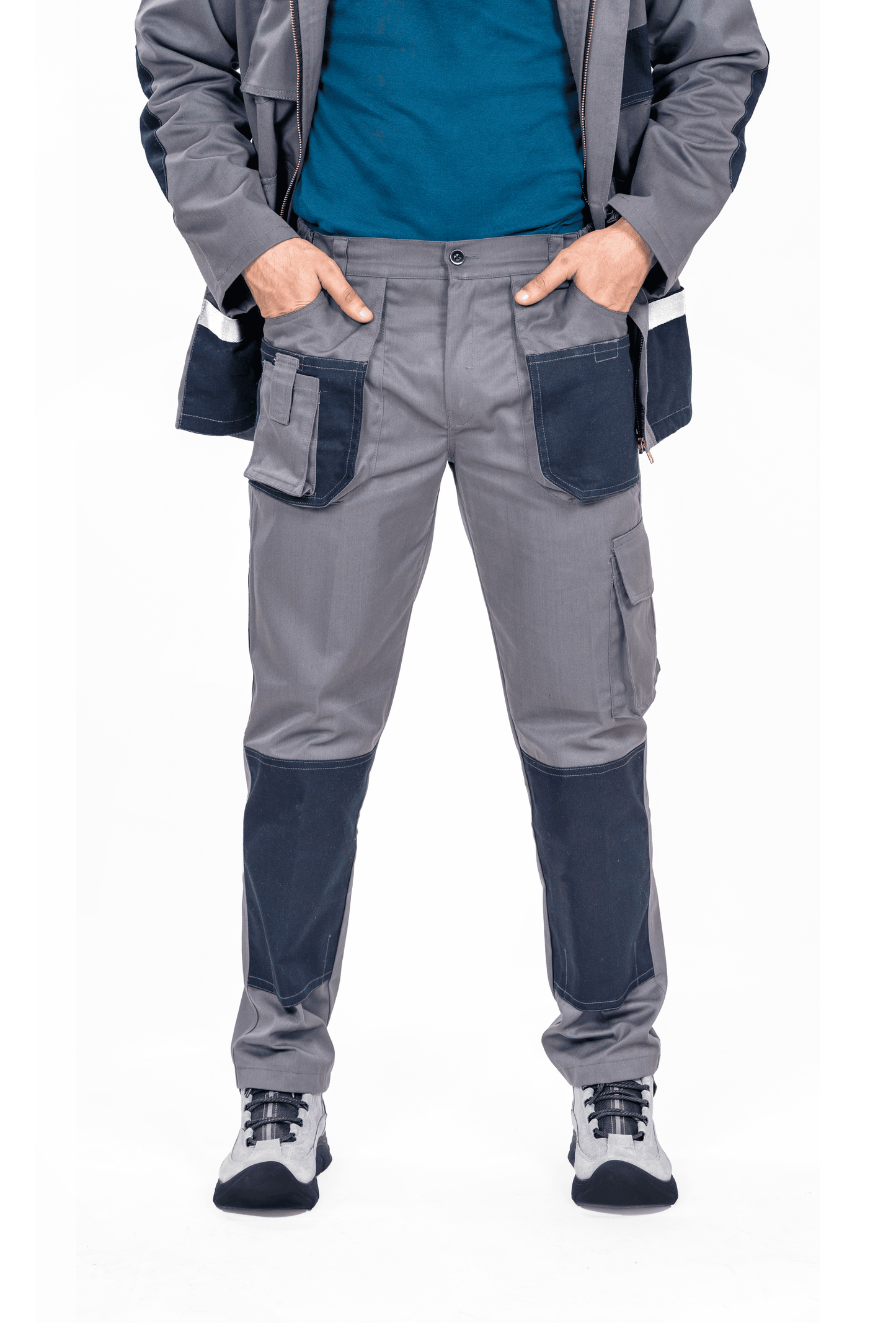Industrial 2 Piece Coverall with Multiple Pockets | GSM -220 | Industrial Grey with Neon Strips