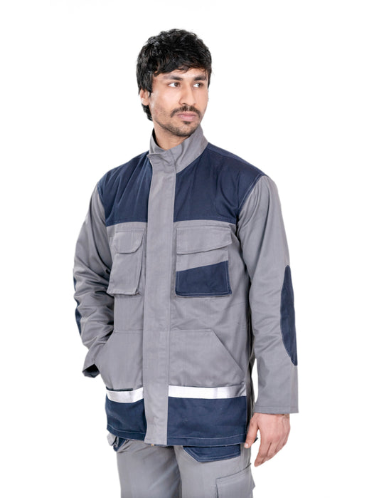 Industrial 2 Piece Coverall with Multiple Pockets | GSM -220 | Industrial Grey with Neon Strips