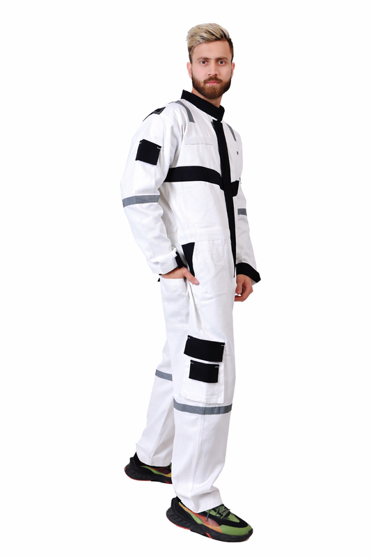 100% Cotton Safety Coverall | 260 GSM with Peach Weave and Reflector Tape | Tusk White